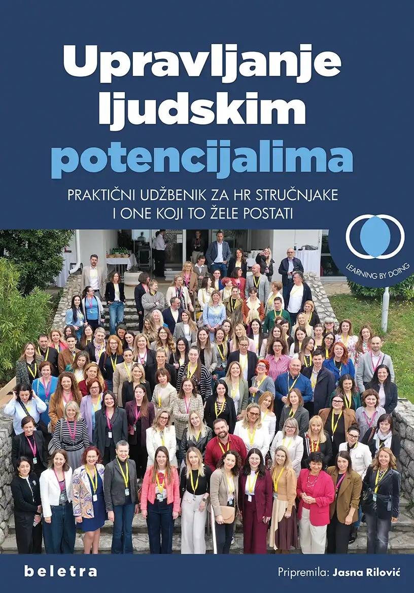 Korice udžbenika „Upravljanje ljudskim potencijalima”: naslov preko grupne fotografije sudionika konferencije, ispod njega ime urednice.